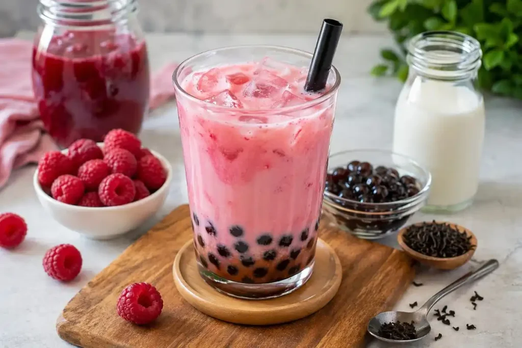 Ingredients for raspberry boba tea recipe