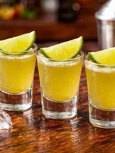 Green tea shot with lime wedges in shot glasses on wooden bar with whiskey and citrus ingredients