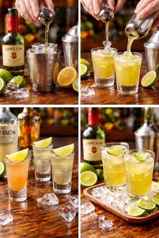 Green tea shot variations including mocktail, vodka white tea shot, and whiskey cocktail versions with lime garnish