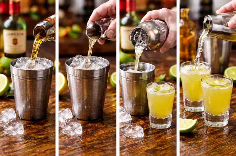 Step by step green tea shot preparation showing pouring, shaking, and serving in shot glasses